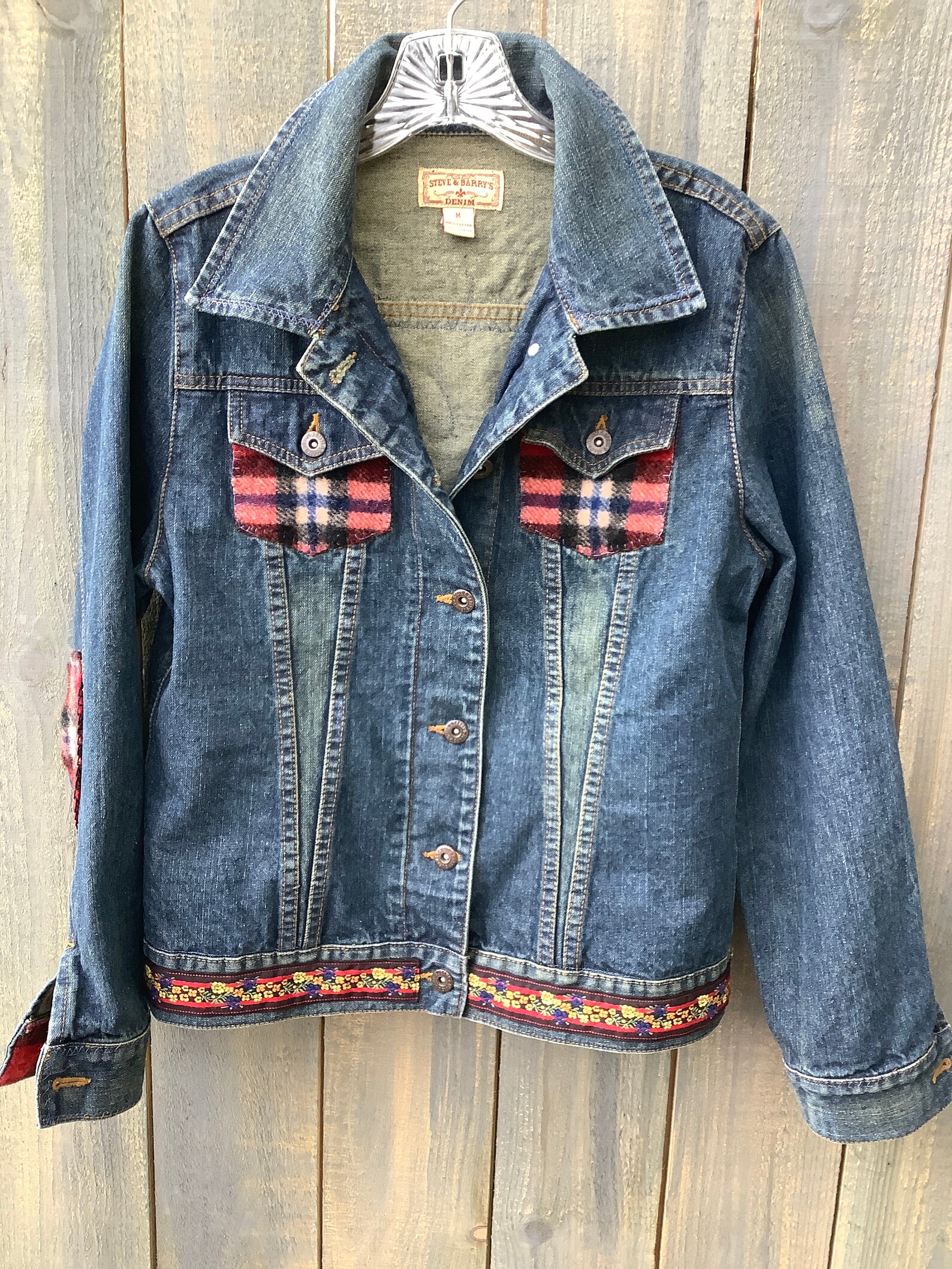 Embellished denim jean jacket 100% wool felted plaid | Etsy