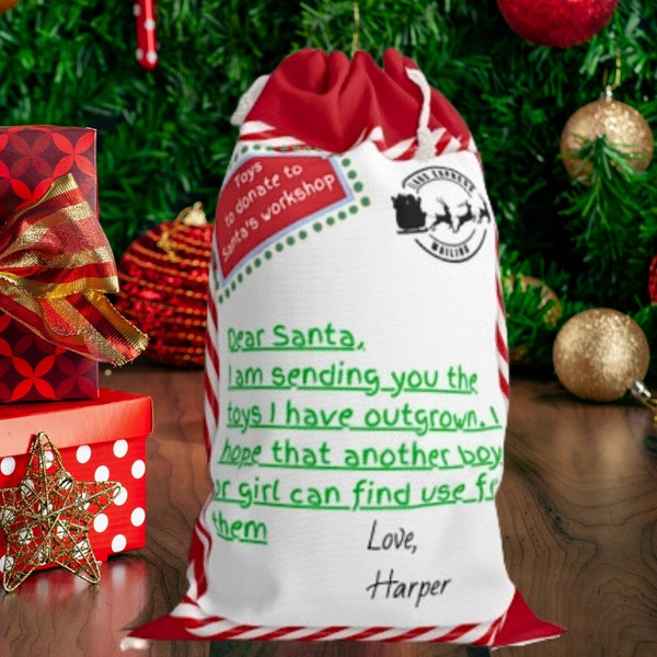 Personalize santa sack toy bag for donating and organizing toys, custom gift from your Elf or Santa, letter to santa