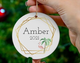 Personalized christmas ornament 2021, tropical christmas ornament, Flamingo christmas ornament