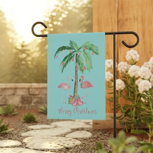 Christmas Beach Flamingo Garden & House Banner Coastal Holiday Palm Tree