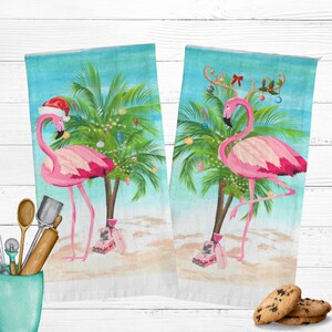 Flamingo Christmas Tea Towel Palm Tree Beach Holiday