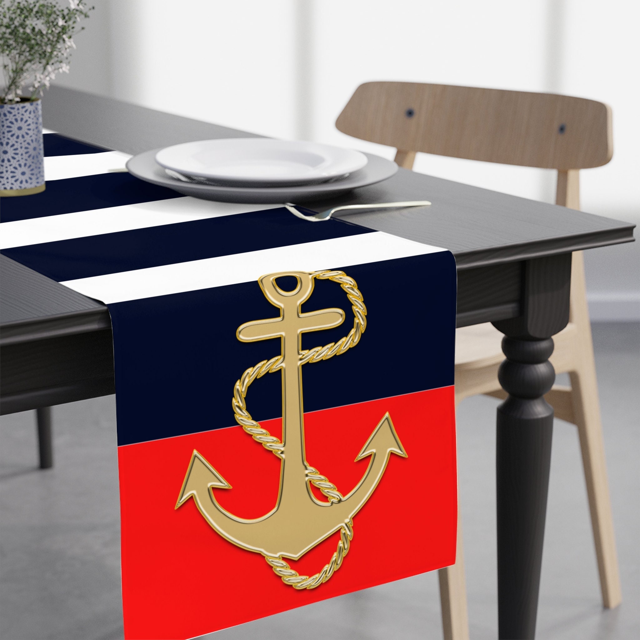Nautical red white blue table runner Patriotic table setting Anchor theme table linen