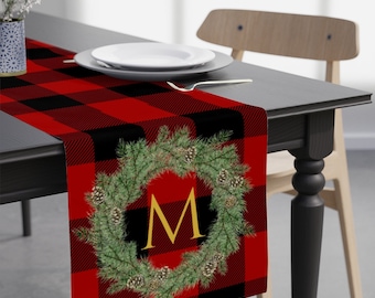 Monogram Christmas Table Runner buffalo plaid, red black plaid christmas decor, christmas table decorTable Runner