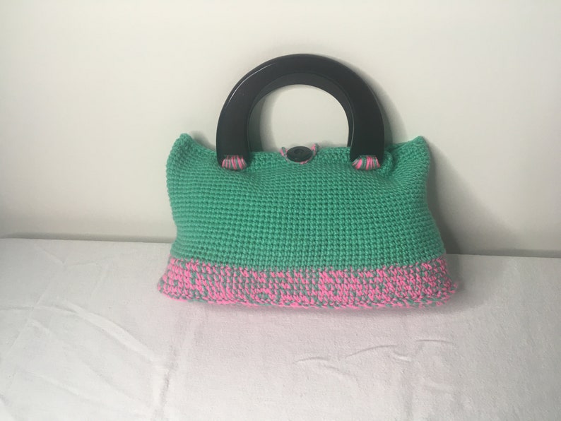 wooden button and reinforced bottom AKA colors Pinkgreen Medium Crochet bagtotebeach tote with wooden handles
