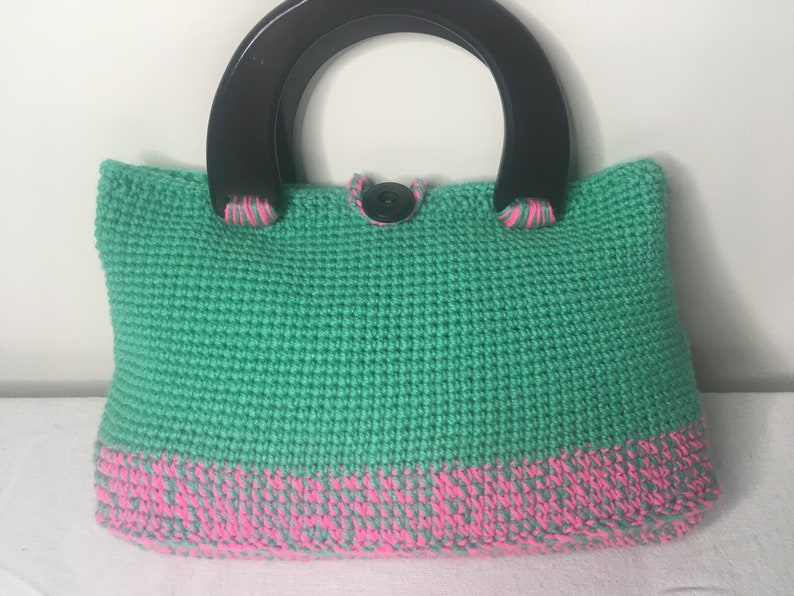 wooden button and reinforced bottom AKA colors Pinkgreen Medium Crochet bagtotebeach tote with wooden handles