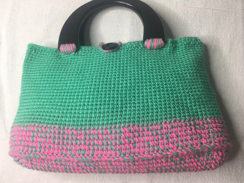 wooden button and reinforced bottom AKA colors Pinkgreen Medium Crochet bagtotebeach tote with wooden handles