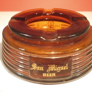 Vintage San Miguel Beer Amber Glass Ribbed Ashtray