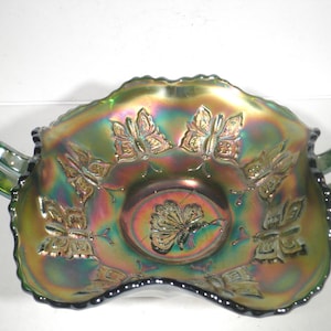 Fenton Green Carnival Glass Butterfly Handled Bon Bon Dish