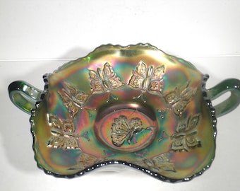 Fenton Green Carnival Glass Butterfly Handled Bon Bon Dish