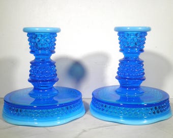 Westmoreland No. 77 Hobnail Candlesticks in Brandywine Blue Opalescent