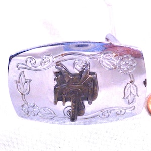 Vintage Chrome Plated Western Cowgirl Saddle Belt Buckle.