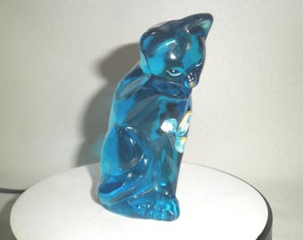 Fenton Art Glass Hand-Painted Blue Stylized Cat Figurine