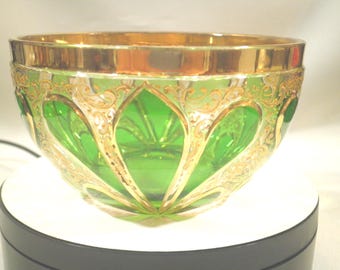 Moser Glass Green Petals on Clear Bowl Gold Decorated
