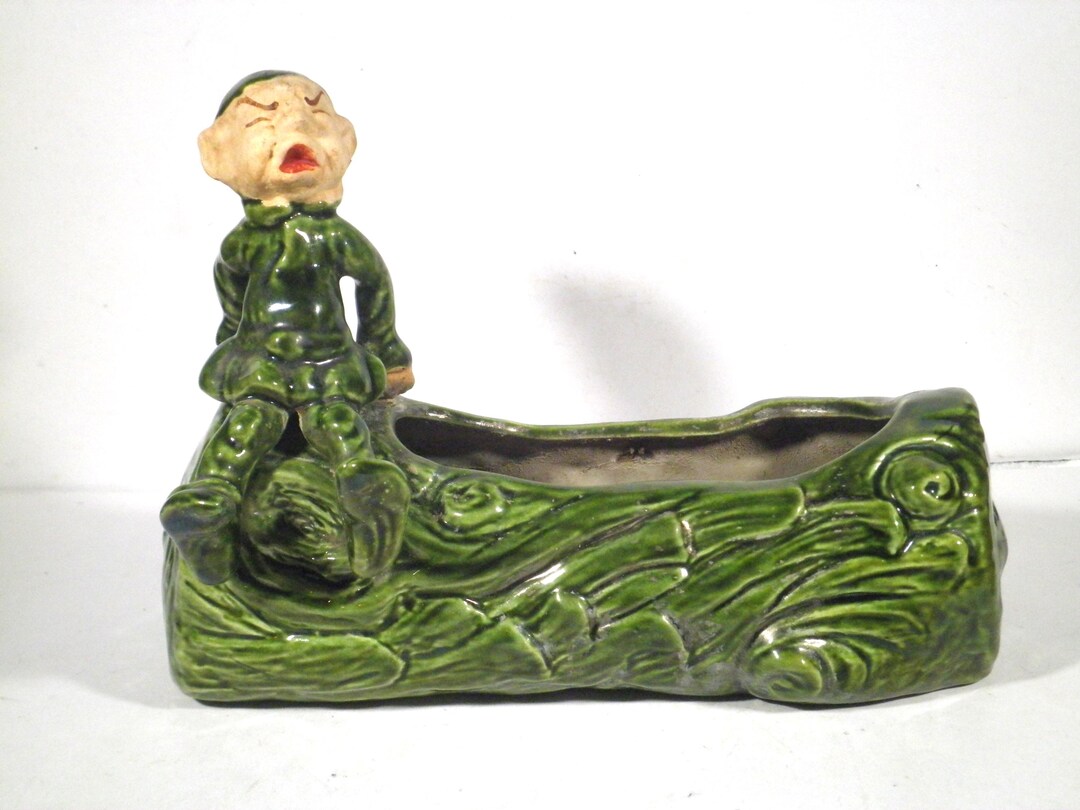 Vintage 1950s Upset Pixie Elf on a Log Planter - Etsy