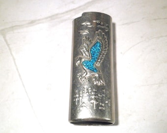 Vintage Southwest Sterling Silver and Turquoise Eagle Cigarette Lighter Holder