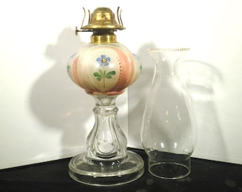 Lámpara de aceite antigua grande - Fuente floral pintada a mano