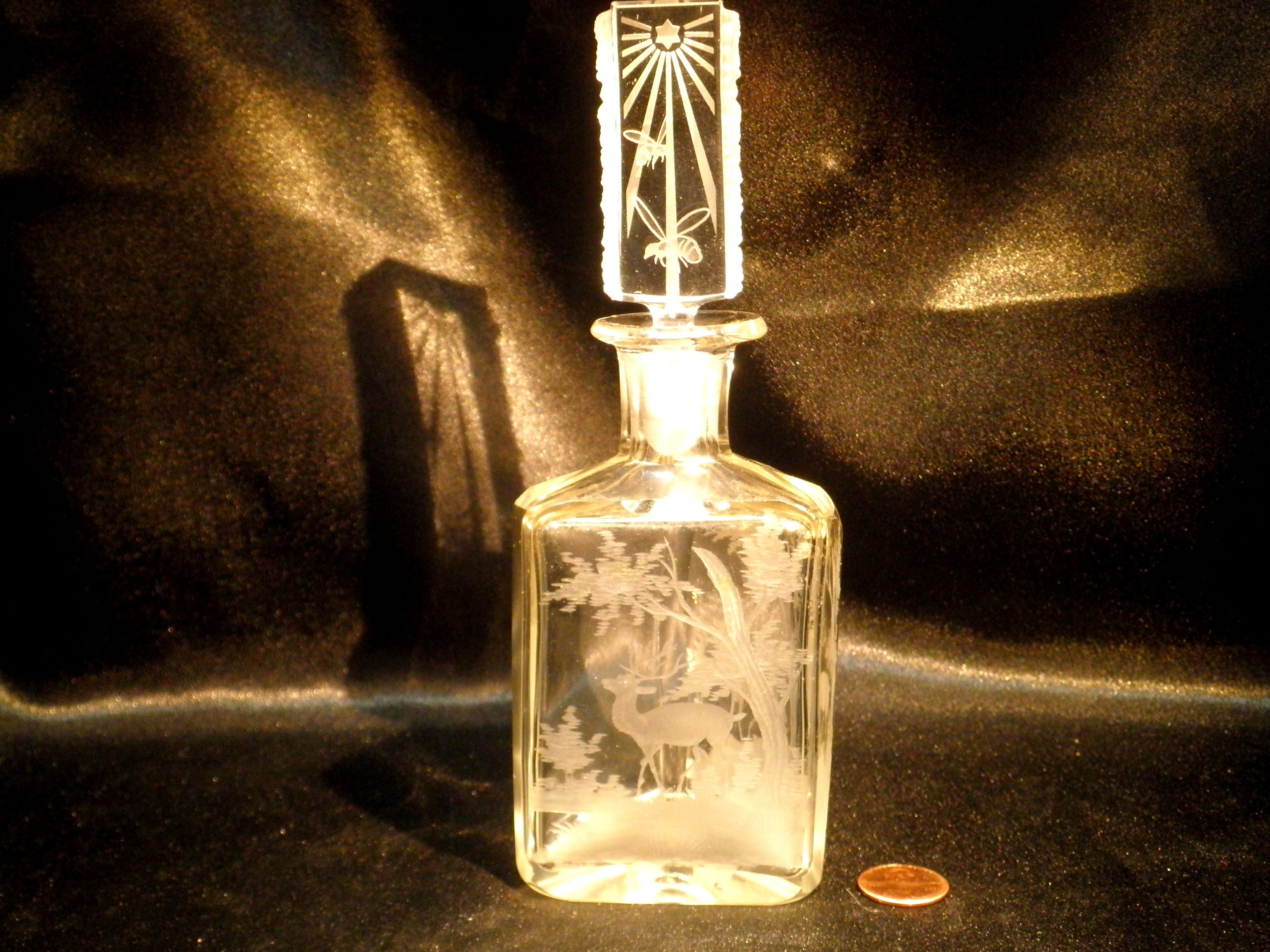 Vintage Czechoslovakia Hand-Etched Deer In Forest Scene Clear