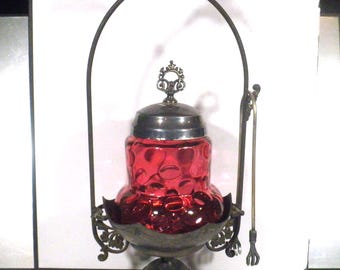 Antique Victorian Aurora Cranberry Glass Silverplate Pickle Castor
