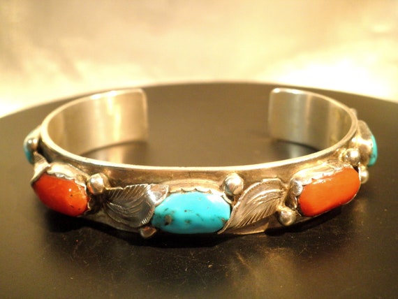 Simplicio Zuni Sterling Turquoise Coral Bracelet - image 1