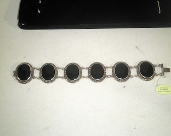 Sterling Silver Bracelet Black Onyx Links Vintage