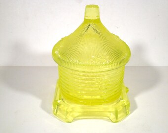 Vintage Boyd Vaseline (Uranium) Glass Beehive Honey Jar - Glows