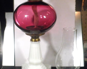 Antique Large Oil Lamp - Hot Pink Font with Milk Glass Gothic Base