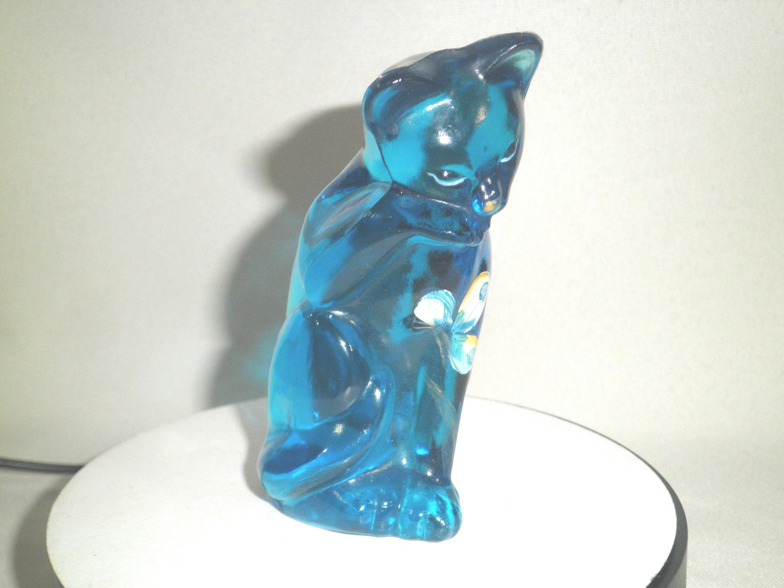 FENTON 花柄 CAT 眠り猫 フェントン ブルーオパールガラス 置物