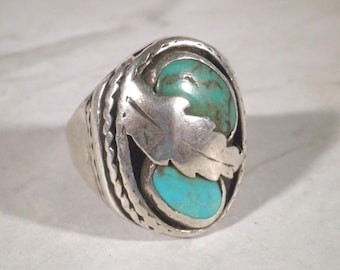 Vintage Navajo Double Turquoise Leaf Sterling Cast Men's Ring Size 9 1/2