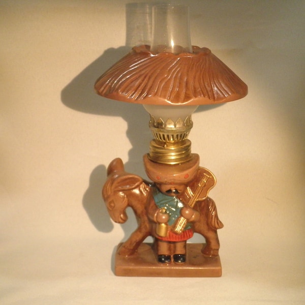 Vintage Mid-Century Ceramic Mexican Burro Miniature Oil Lamp