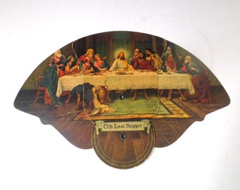 Vintage Last Supper Folding Cardboard Fan, 1940s Releford Funeral Home, Iola, Kansas