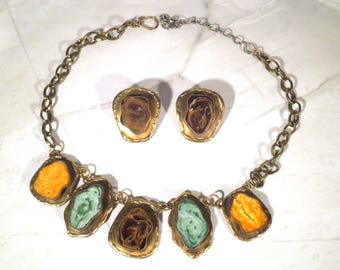 Vintage Sliced Agate Statement Choker Necklace and Earrings - Handmade