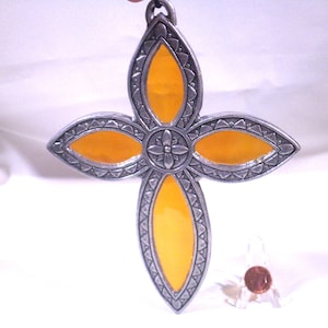 Amber Stain Leaded Glass Crucifix Cross Sun Catcher