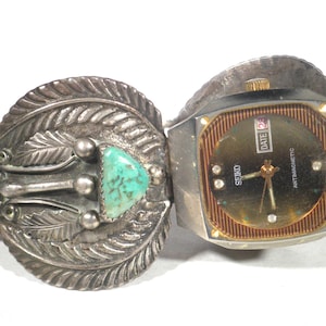Vintage Men's Sterling Turquoise Native American Seiko Automatic Diamond Wrist Watch - Works