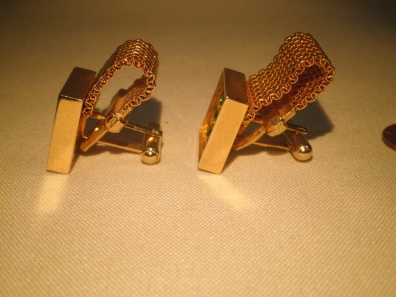 Vintage Green Rhinestone Gold-Tone Cuff-Links - image 3