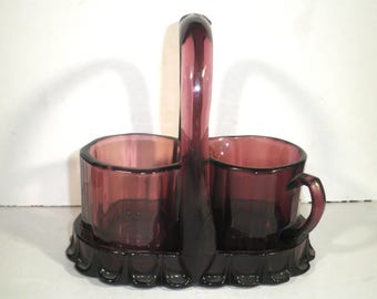 Antique 1925 New Martinsville Purple Glass Sugar and Creamer with Holder Set