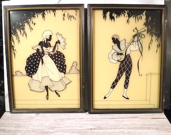 Antique 1920 Art Deco Reverse-Painted Glass Silhouette Pictures Set
