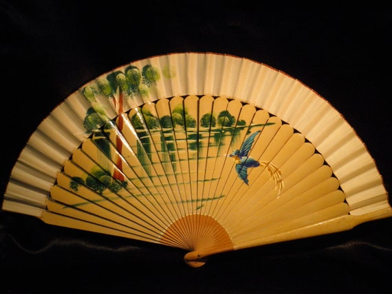 Vintage Japanese Folding Hand Fan Bamboo and Rice… - image 1