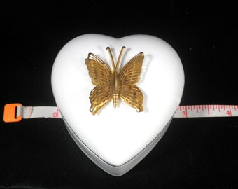 Lefton Bone China Heart Shaped Trinket Box with Golden Metal Butterfly 1987