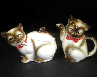 Vintage 1950s Kasuga Ware Siamese Cat Sugar and Creamer