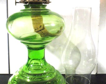 Vintage Uranium Depression Green Glass Kerosene Oil Lamp Scroll Design