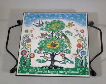 Vintage Berggren Swedish Happy as a Bird Scandinavian Kitchen Tile Trivet Decor