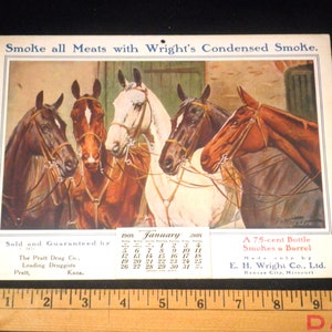 Antique 1908 Horses Calendar Unused - E. H. Wright Co. Kansas City, MO.