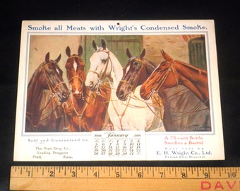 Antique 1908 Horses Calendar Unused - E. H. Wright Co. Kansas City, MO.
