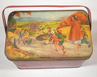 Vintage School Lunch Pail Box Tin - Children and Teacher Lithograph