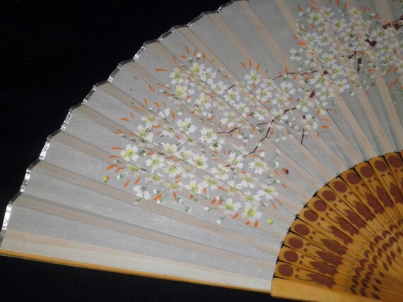 Antique Japanese Silk Fan Cherry Blossom Mother O… - image 3