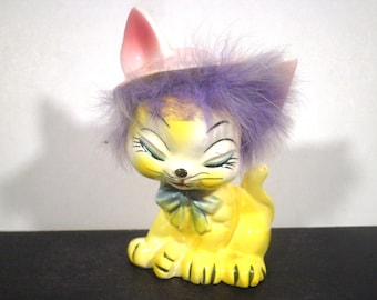 Vintage mid-century Japanese anthropomorphic cat with purple hair