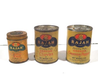 Vintage Rajah Spice Cans - Mace, Cloves, Cayenne Pepper - Selection Group