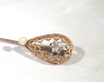 Antique 10k Yellow Gold with Diamond & Pearl Filigree Stick Pin