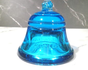 Vintage Blue Glass Paperweight Bell - Telephone Pioneers of America