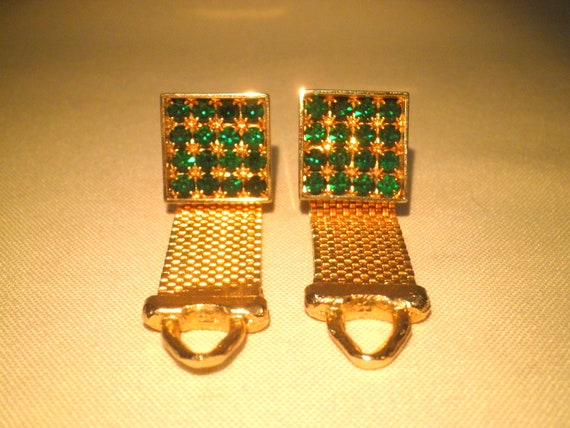 Vintage Green Rhinestone Gold-Tone Cuff-Links - image 2